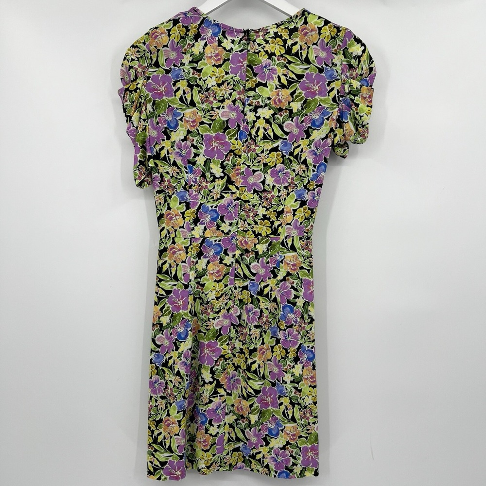 Zara Floral Wrap Mini Dress Short Sleeve Button Side Ruched Green Purple Size XS - Picture 5 of 8